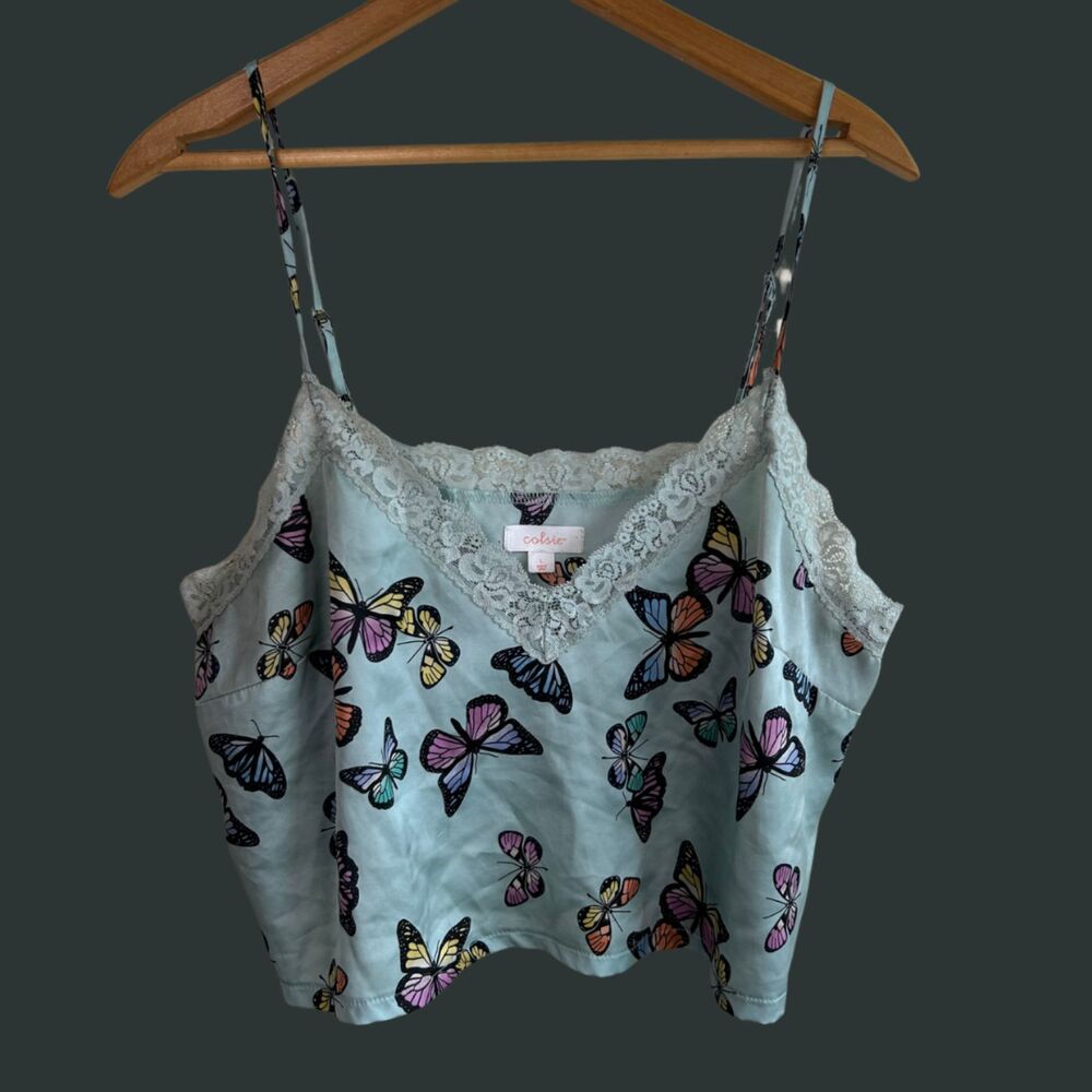 Colsie Y2K Vibes Butterfly Blue Satin/Lace Cropped Tank